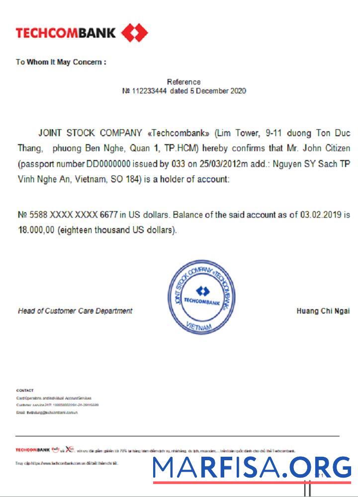 Realistic Vietnam Techcombank reference example